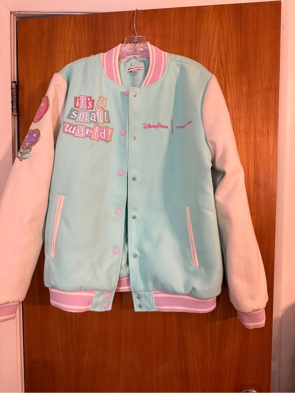 New Disney Stoney Clover 'It's a Small World' Varsity Jacket sz Medium